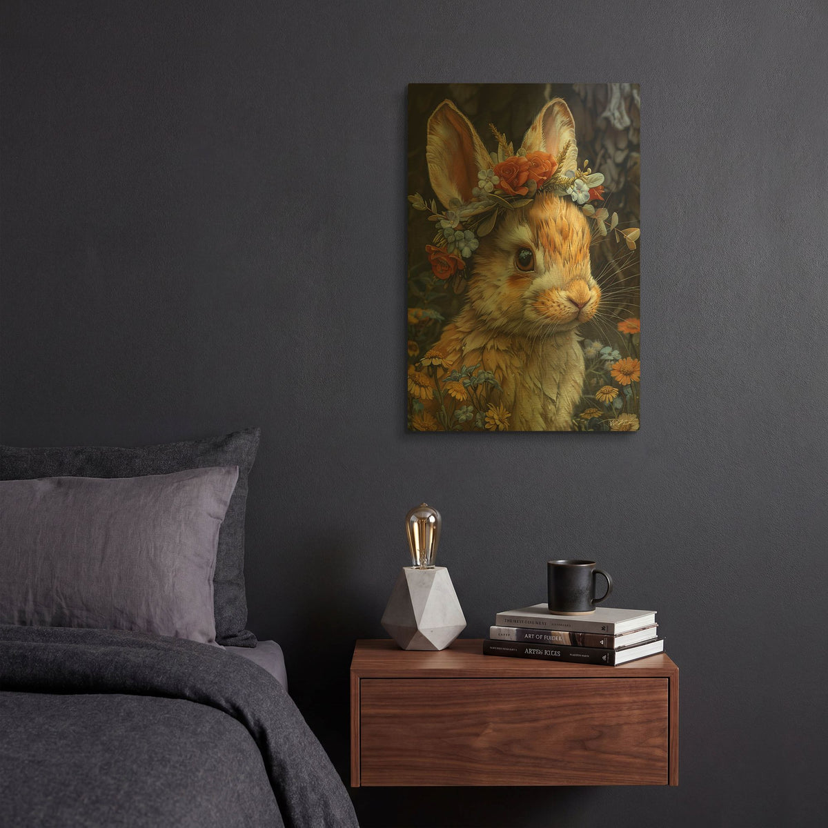 'Bunny With A Wreath Of Flowers' By Momart Gold Metal Wall Art