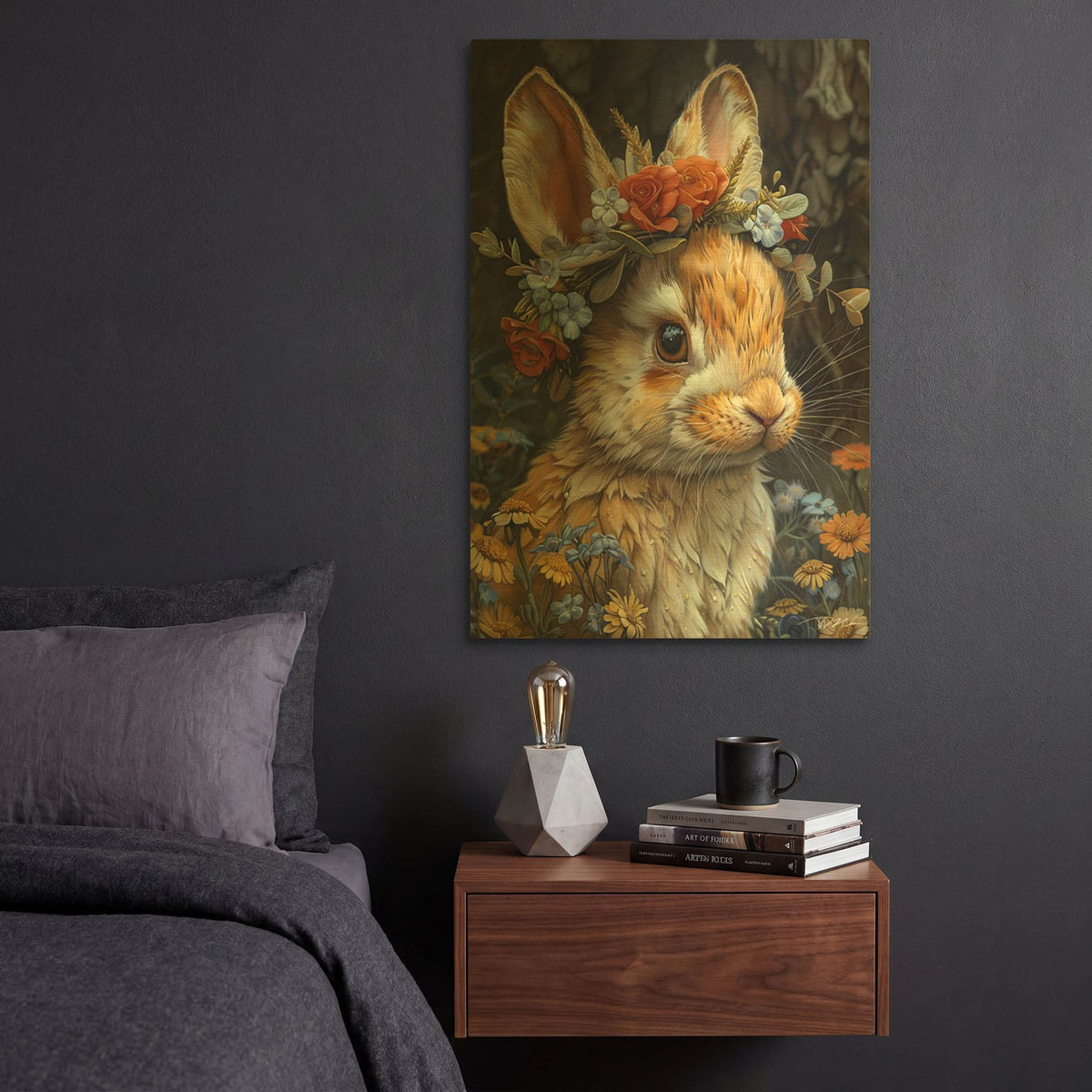 'Bunny With A Wreath Of Flowers' By Momart Gold Metal Wall Art