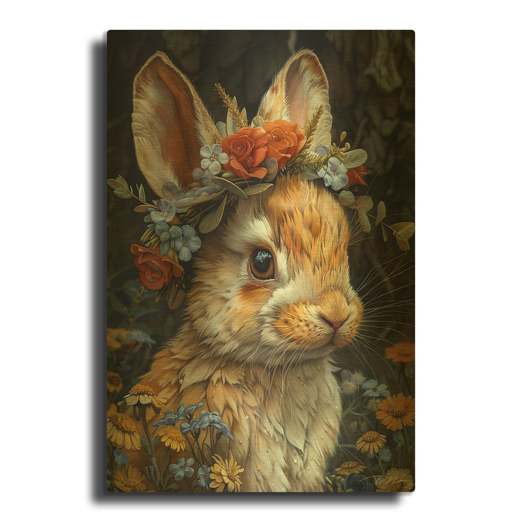 'Bunny With A Wreath Of Flowers' By Momart Gold Metal Wall Art