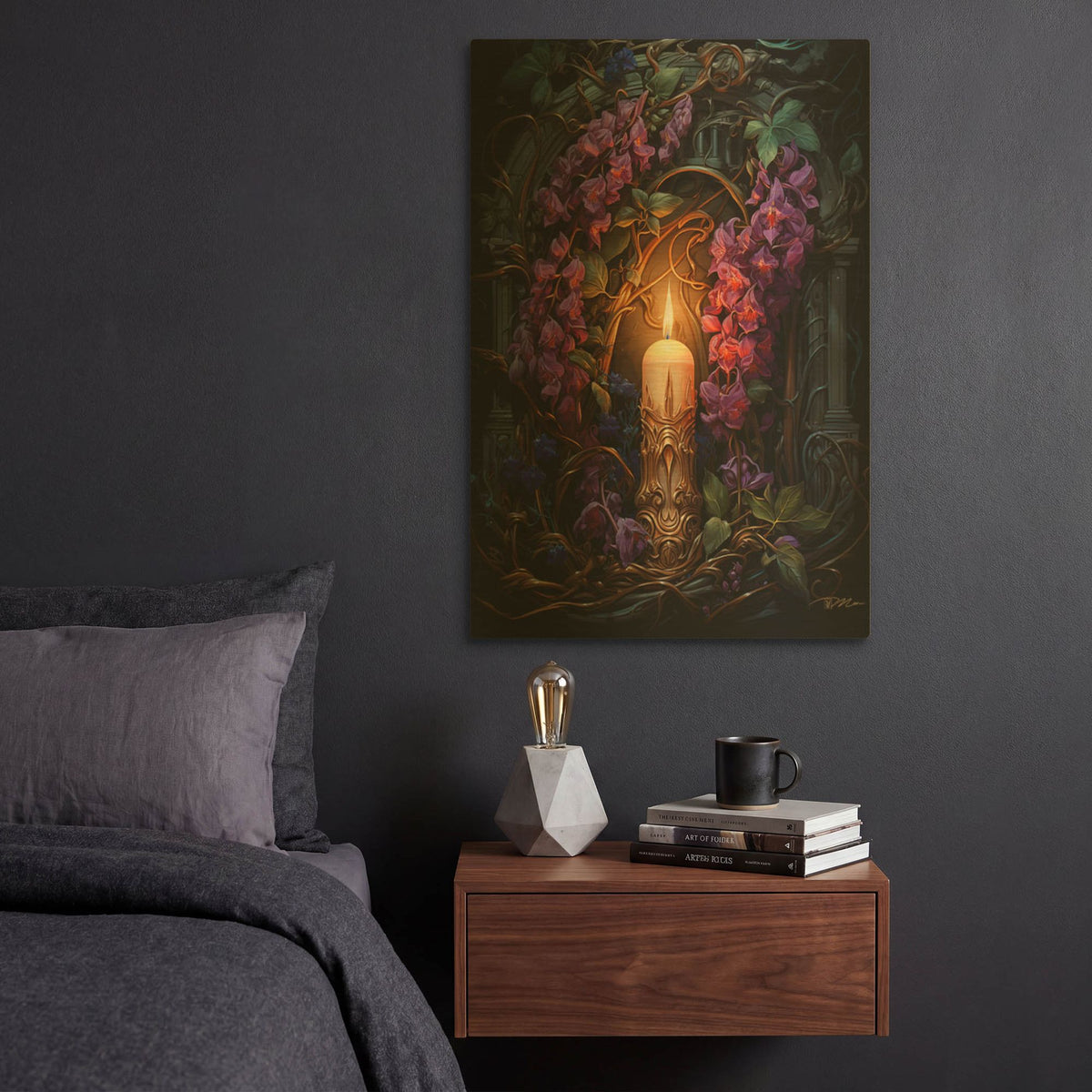 'Candle With Purple Flowers' By Momart Gold Metal Wall Art