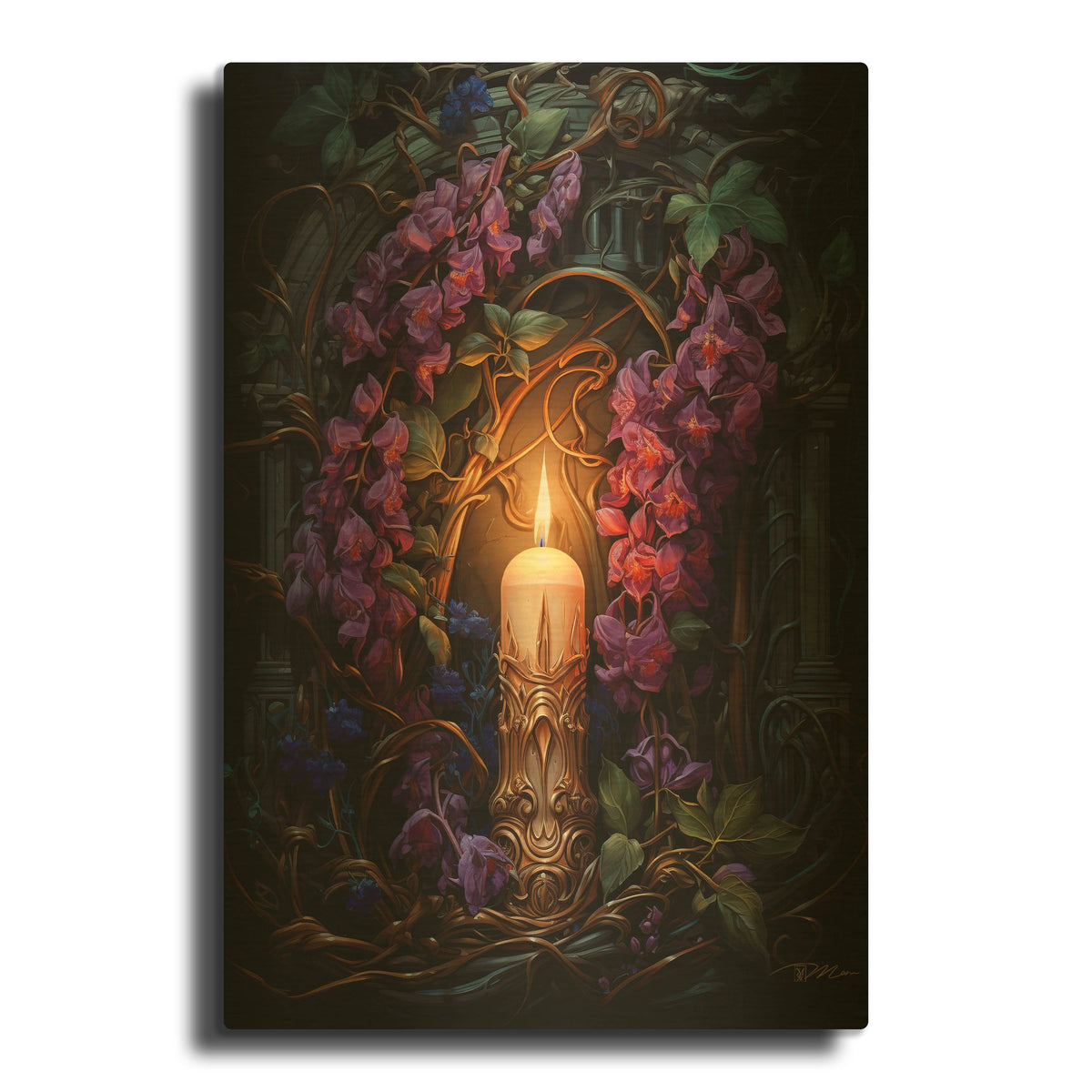 'Candle With Purple Flowers' By Momart Gold Metal Wall Art