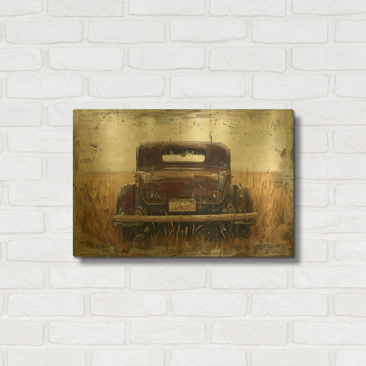 'Car In Vintage Wheat' By Momart Gold Metal Wall Art