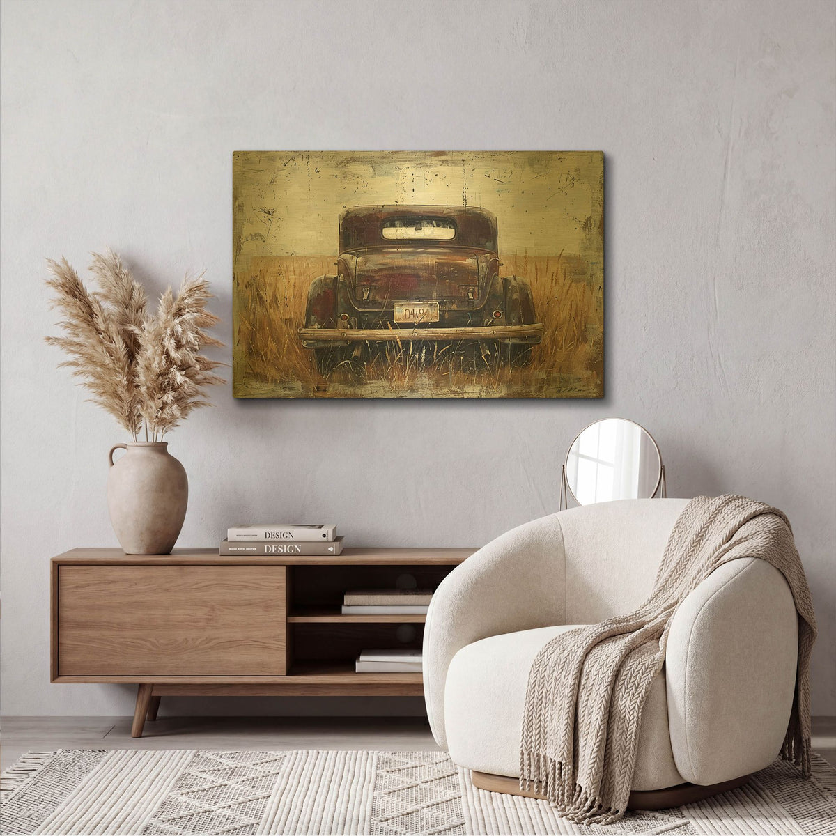'Car In Vintage Wheat' By Momart Gold Metal Wall Art