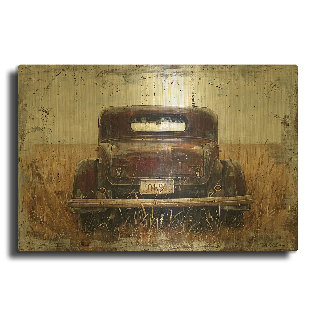 'Car In Vintage Wheat' By Momart Gold Metal Wall Art