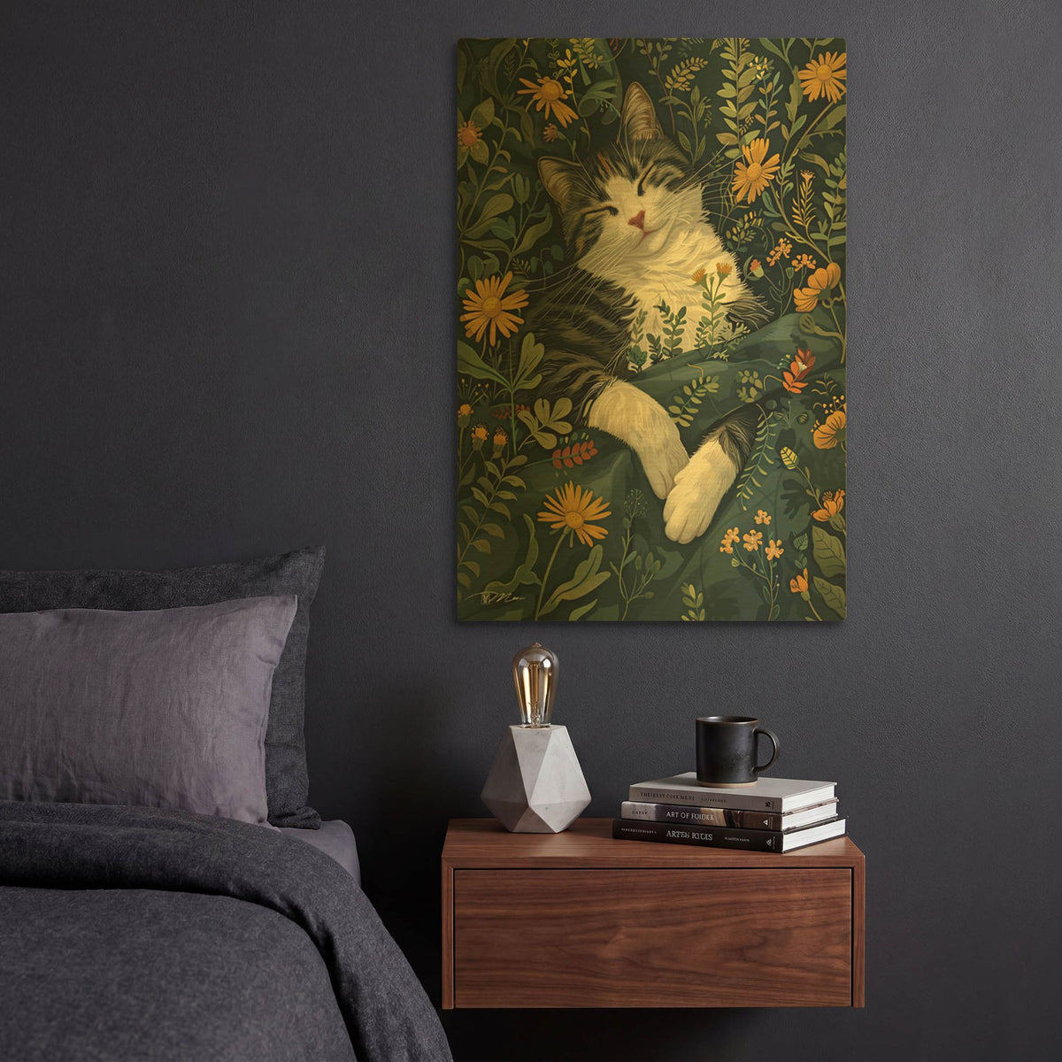 'Cat Among The Green Plants' By Momart Gold Metal Wall Art