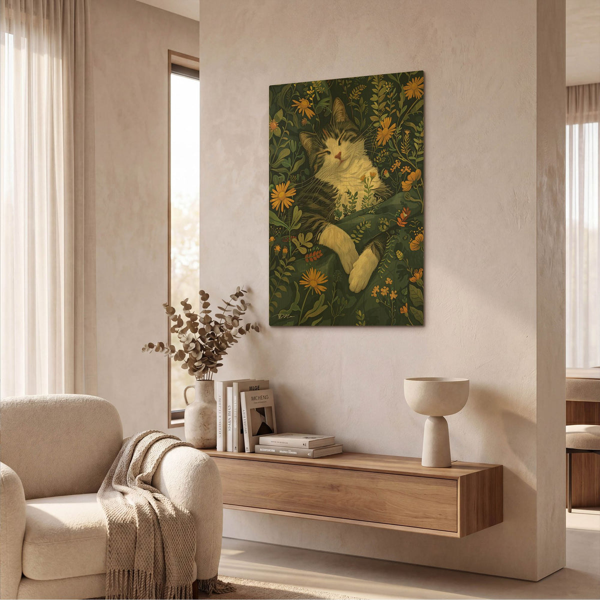 'Cat Among The Green Plants' By Momart Gold Metal Wall Art
