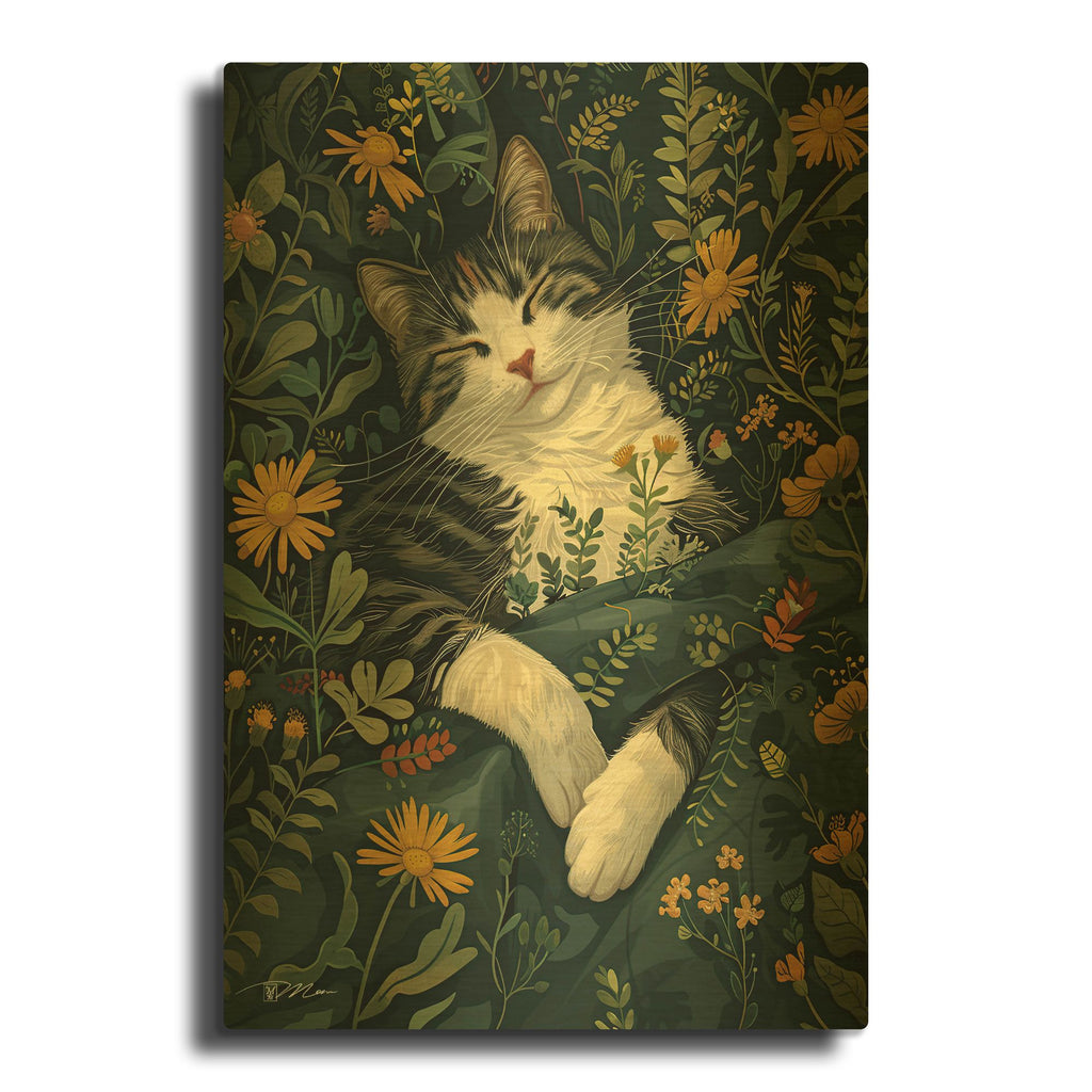 'Cat Among The Green Plants' By Momart Gold Metal Wall Art