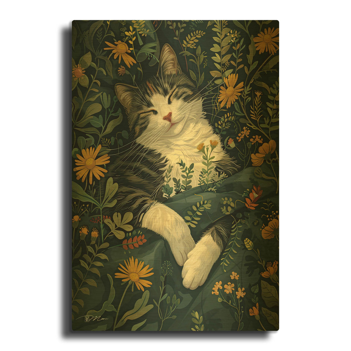 'Cat Among The Green Plants' By Momart Gold Metal Wall Art