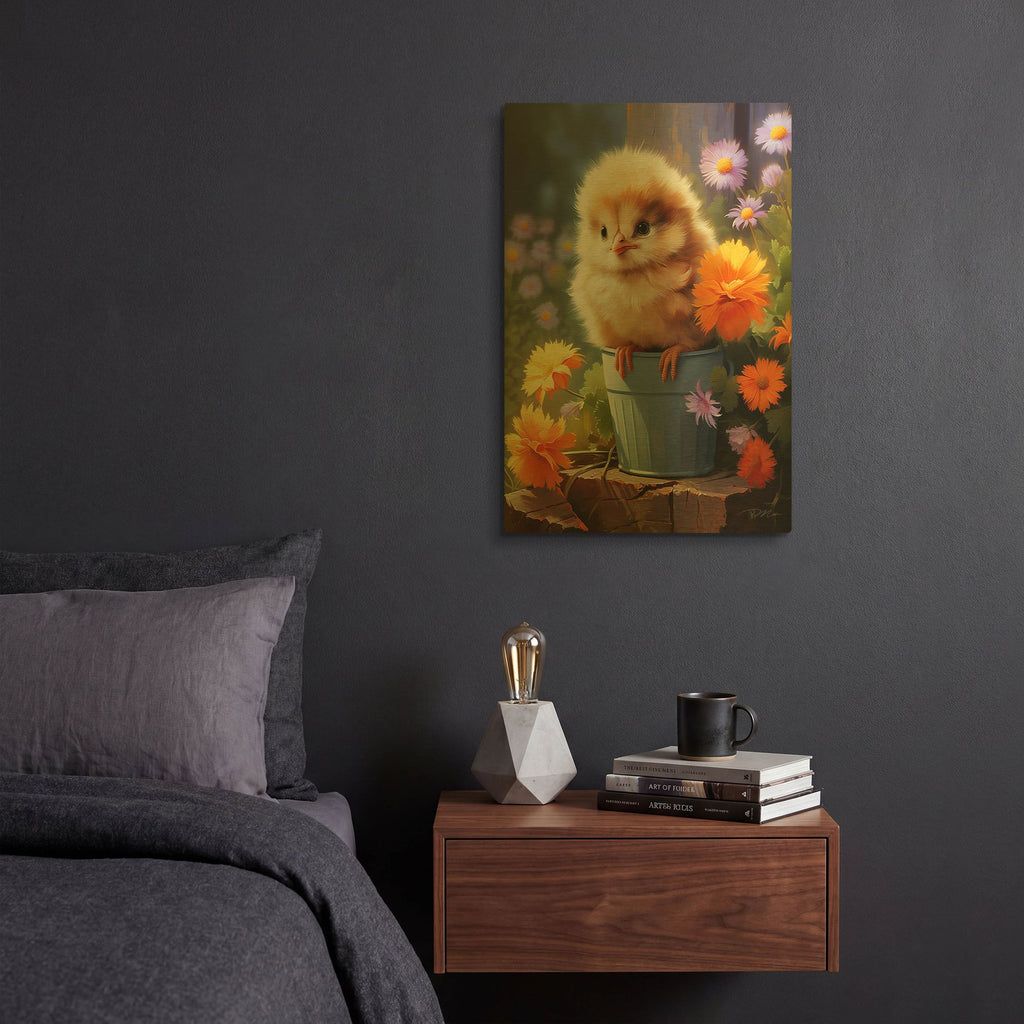 'Chick In The Garden' By Momart Gold Metal Wall Art