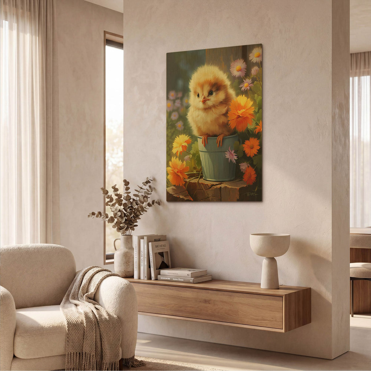 'Chick In The Garden' By Momart Gold Metal Wall Art