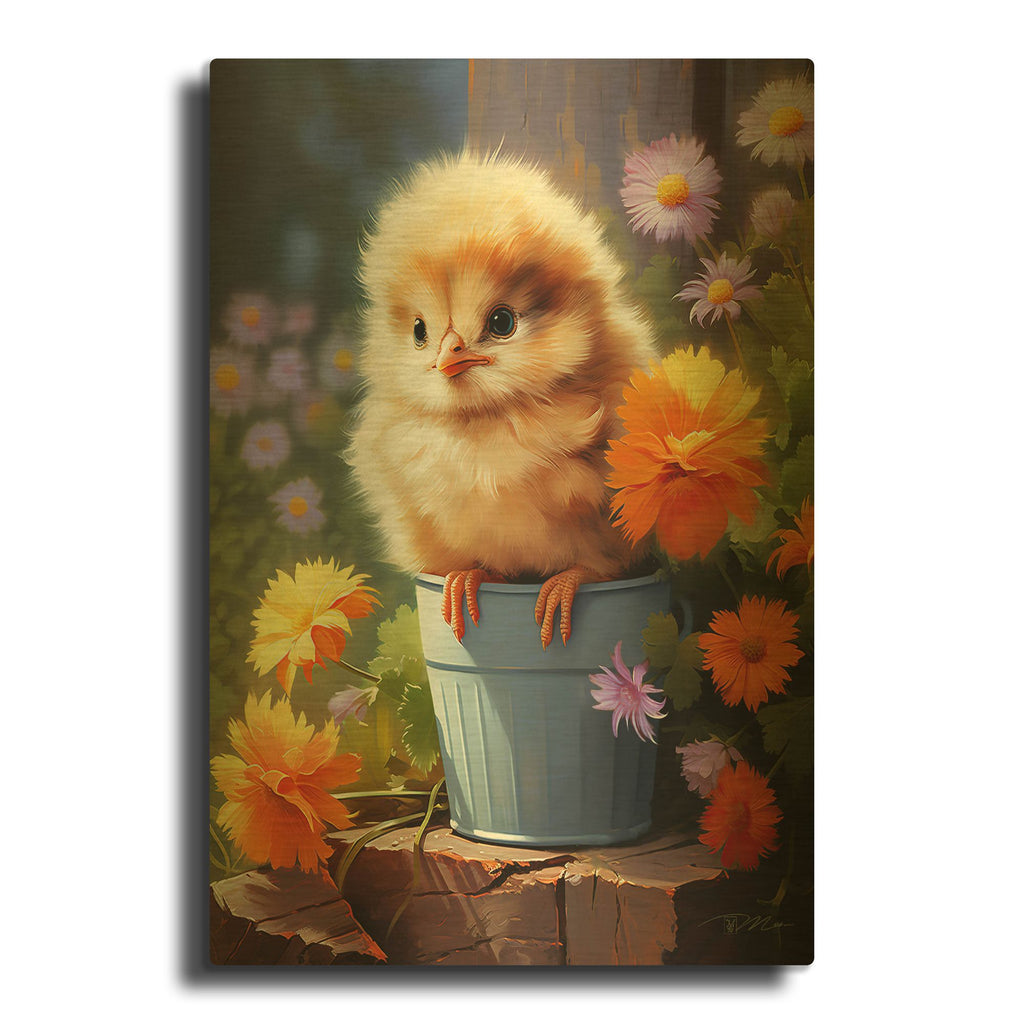 'Chick In The Garden' By Momart Gold Metal Wall Art