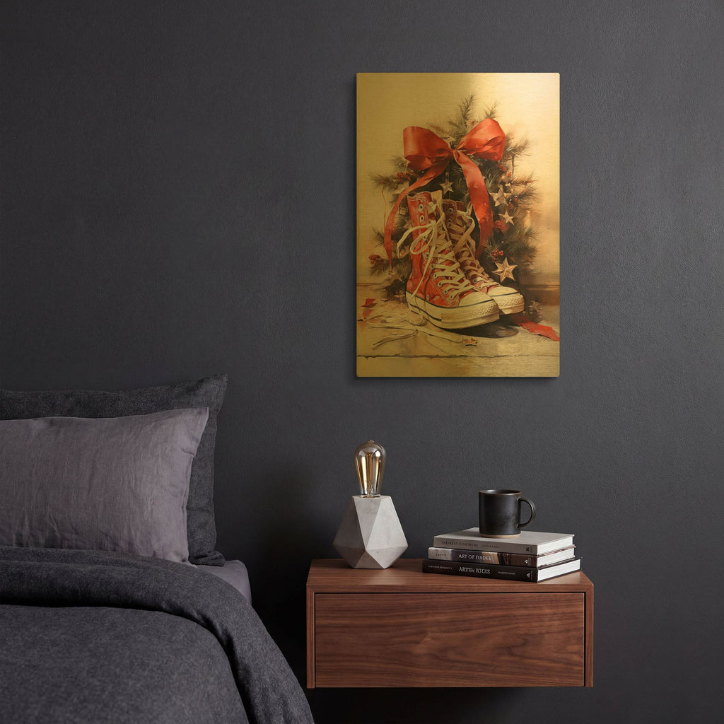 'Christmas Present Red Shoes' By Momart Gold Metal Wall Art