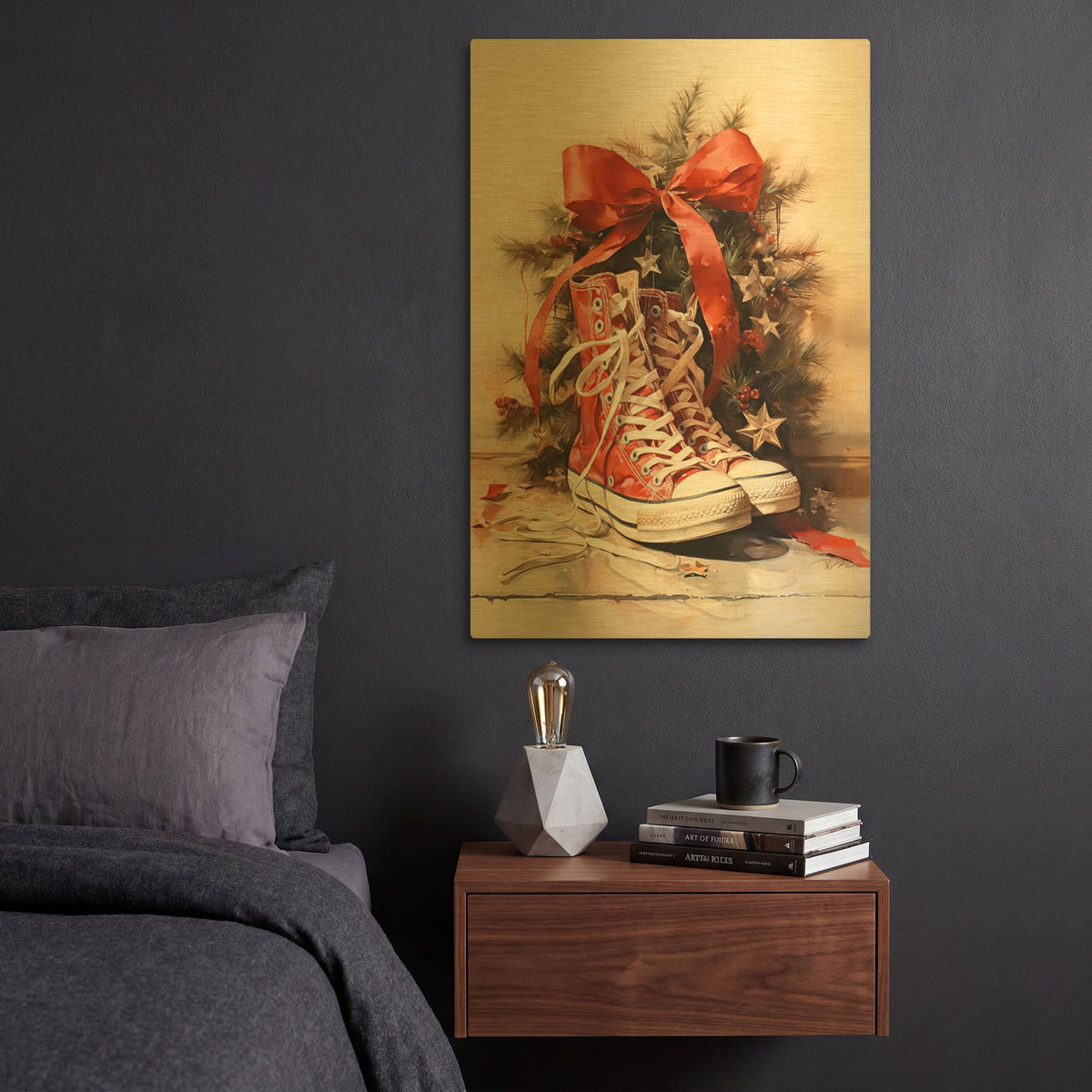 'Christmas Present Red Shoes' By Momart Gold Metal Wall Art