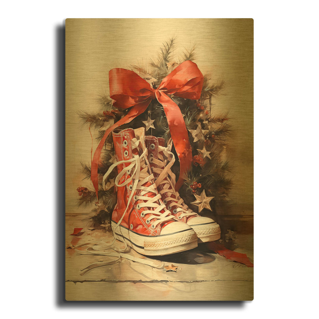 'Christmas Present Red Shoes' By Momart Gold Metal Wall Art