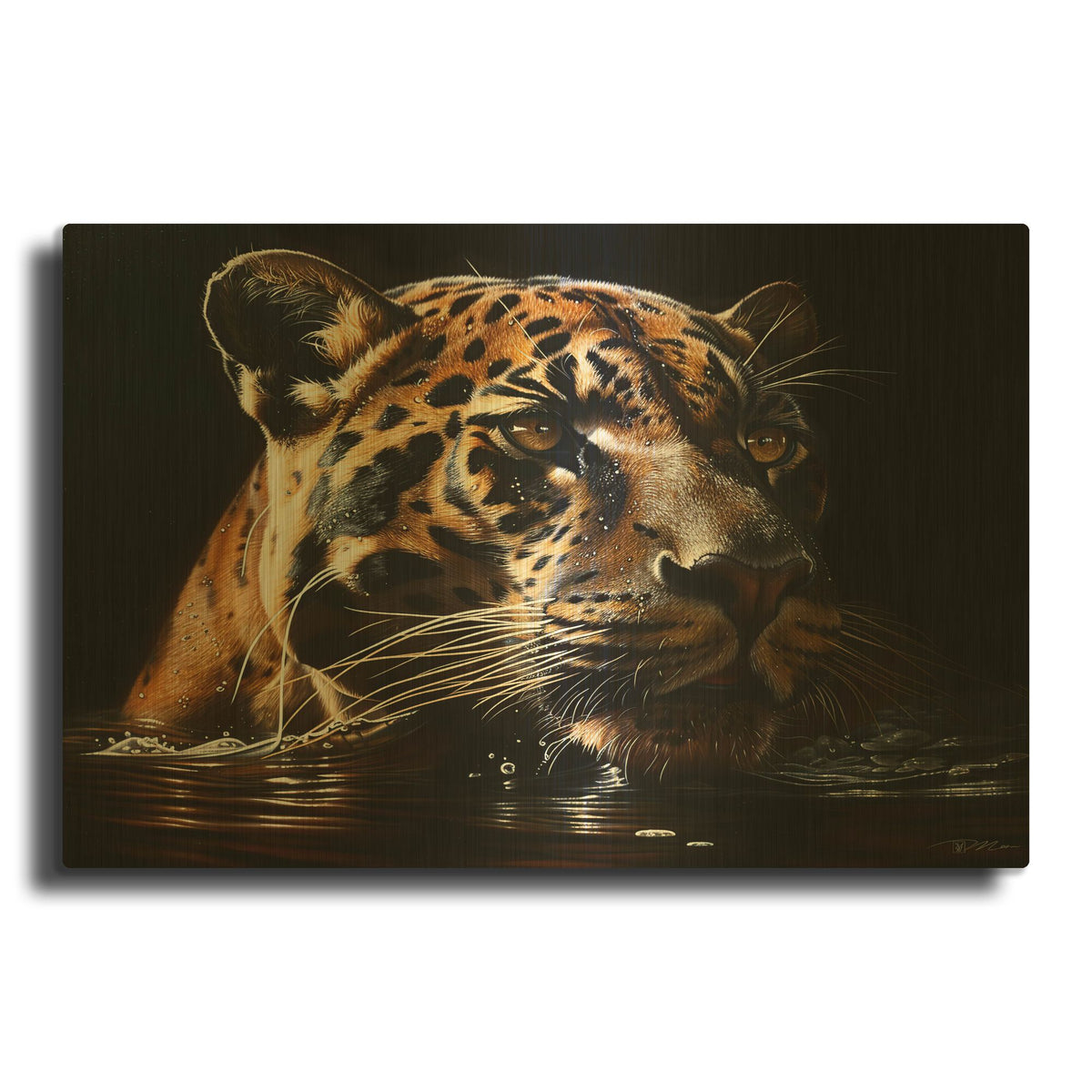 'Coguar Lurking In The Water' By Momart Gold Metal Wall Art