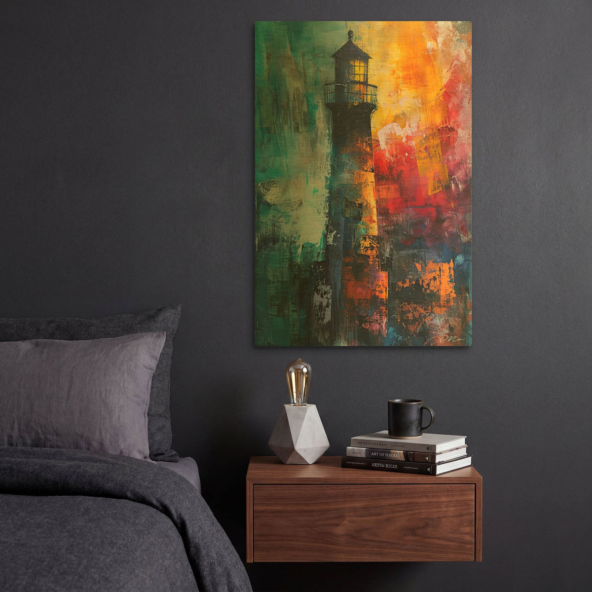 'Colorful Abstract Lighthouse 1' By Momart Gold Metal Wall Art