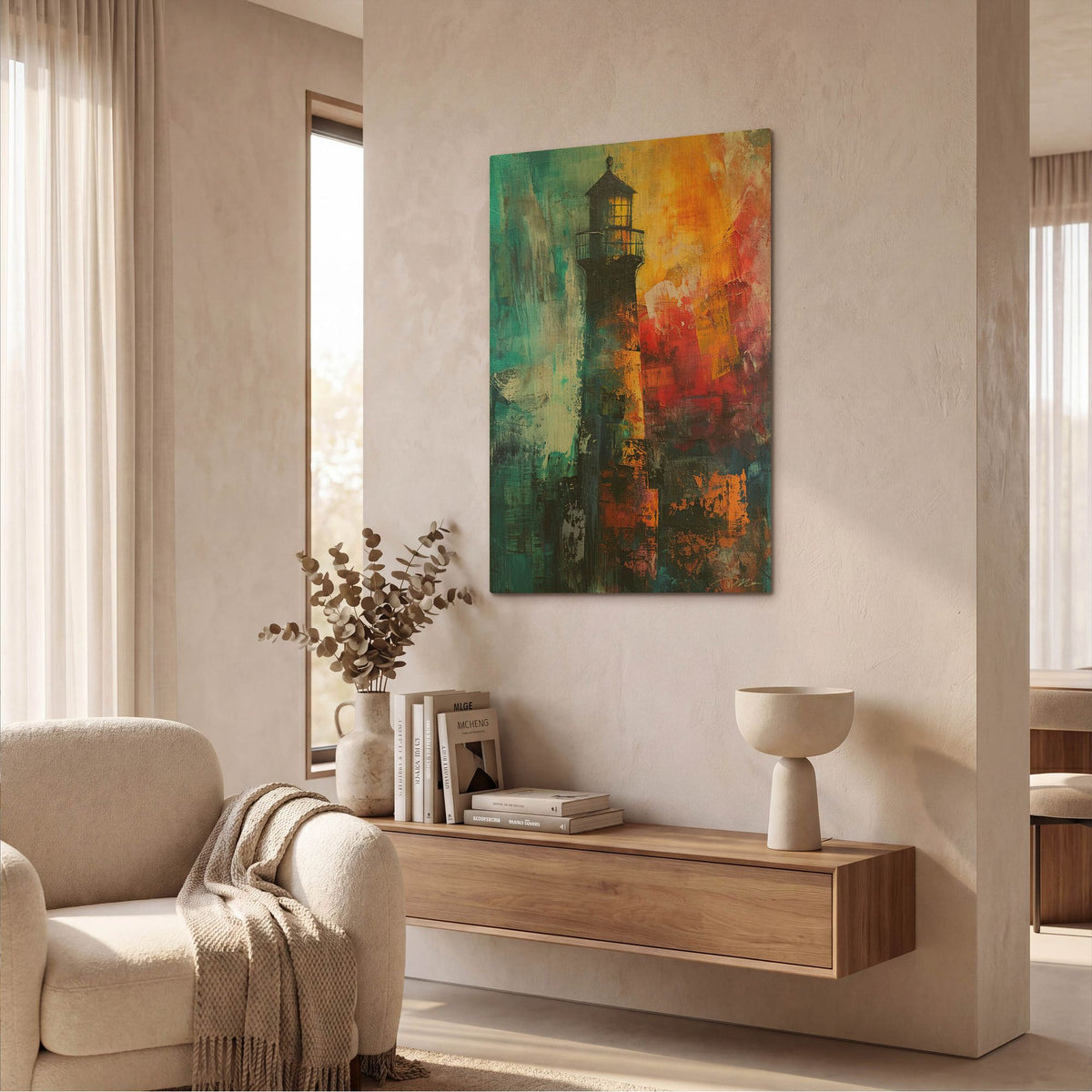 'Colorful Abstract Lighthouse 1' By Momart Gold Metal Wall Art