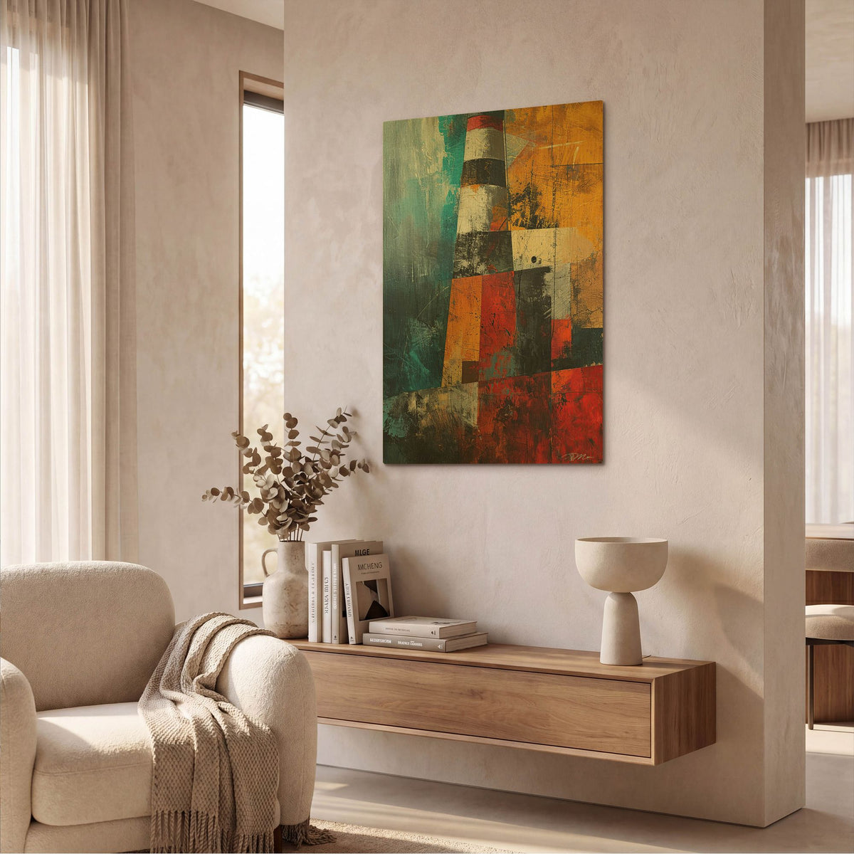 'Colorful Abstract Lighthouse 2' By Momart Gold Metal Wall Art