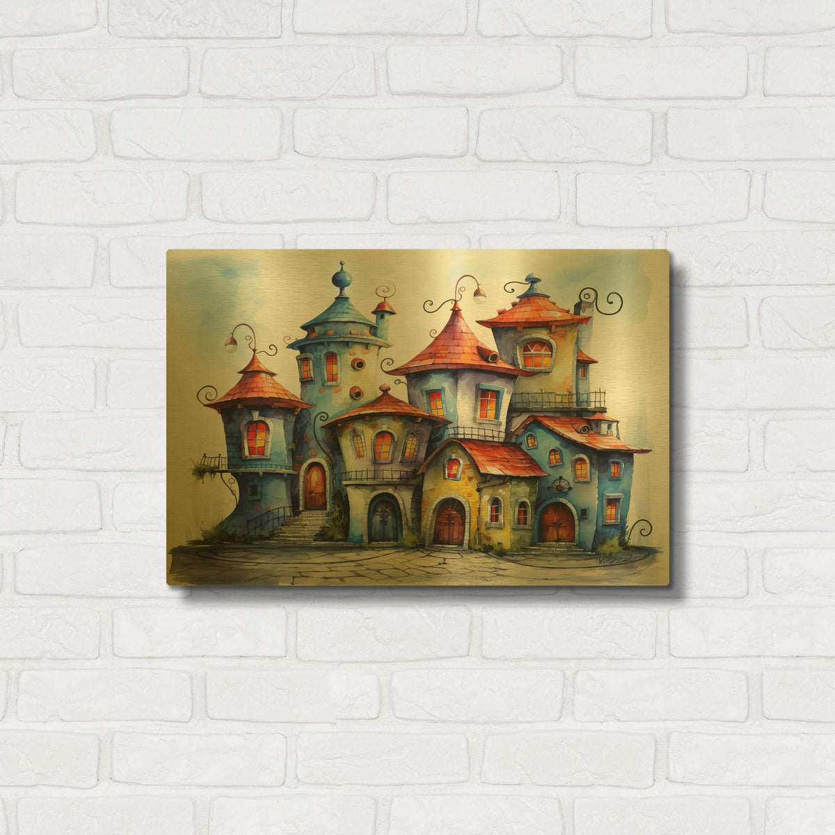 'Colorful Houses' By Momart Gold Metal Wall Art