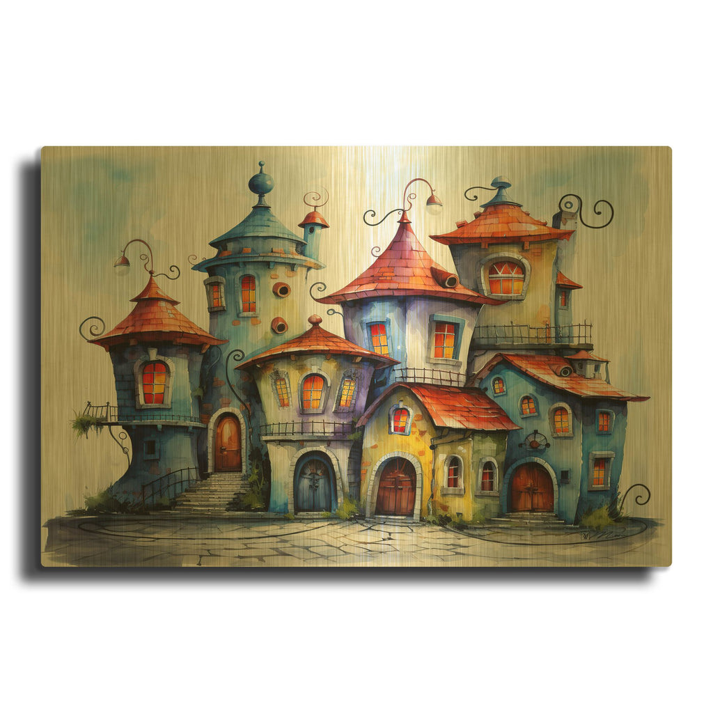 'Colorful Houses' By Momart Gold Metal Wall Art