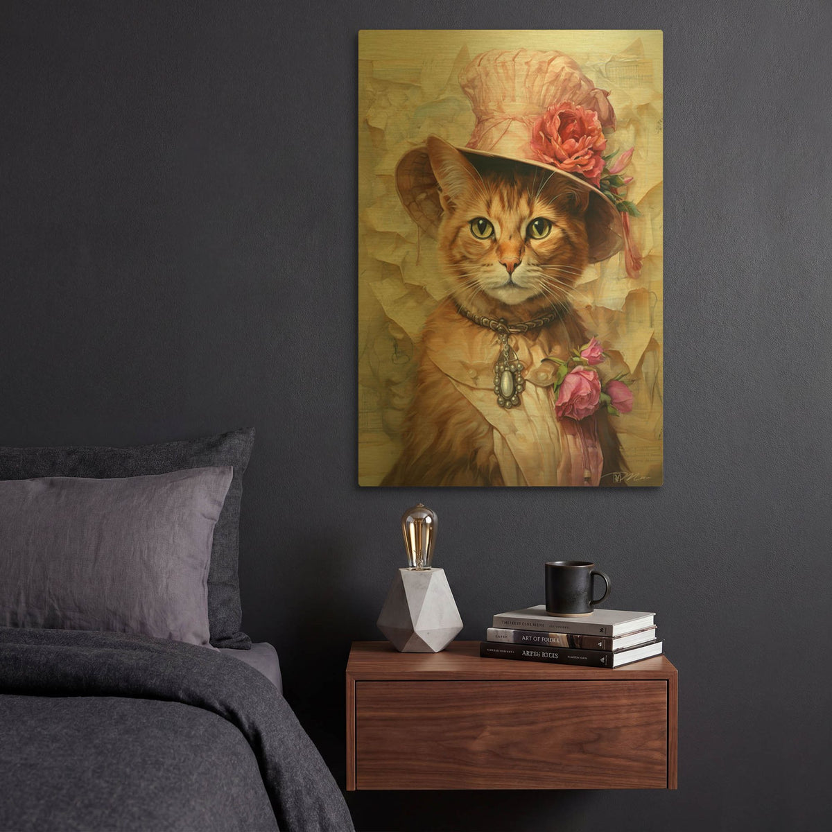 'Cute Cat With A Red Hat Baroque Style' By Momart Gold Metal Wall Art