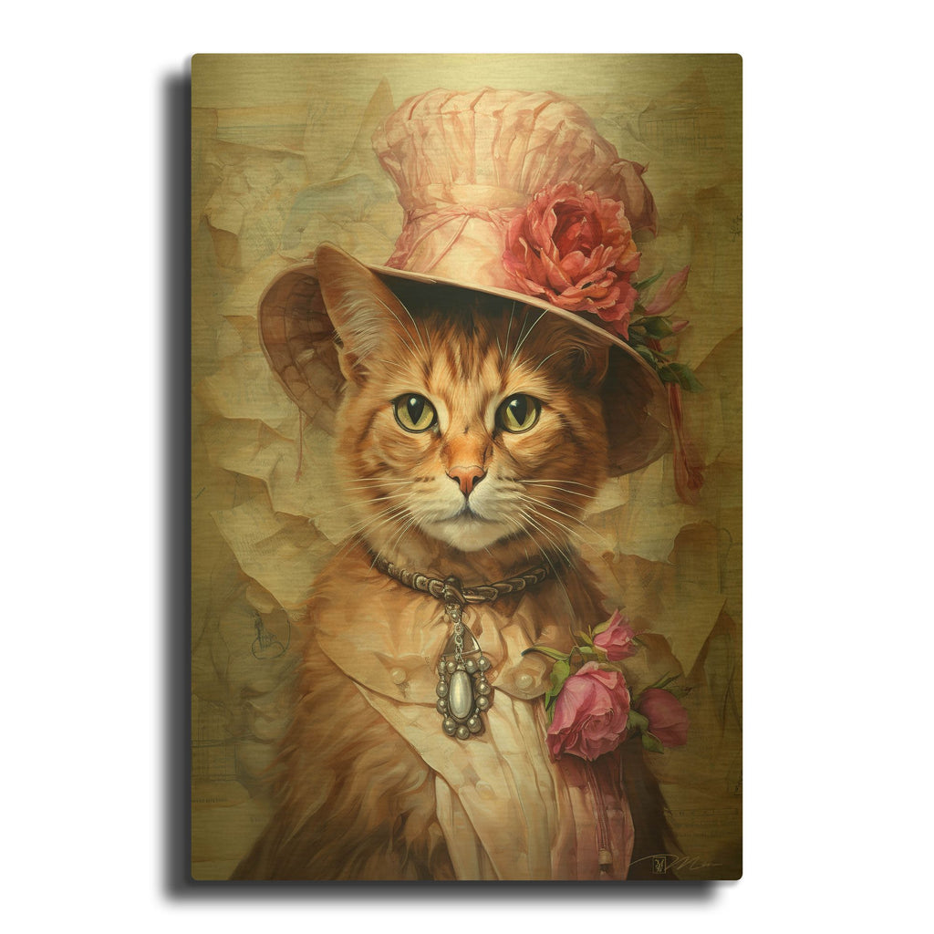 'Cute Cat With A Red Hat Baroque Style' By Momart Gold Metal Wall Art