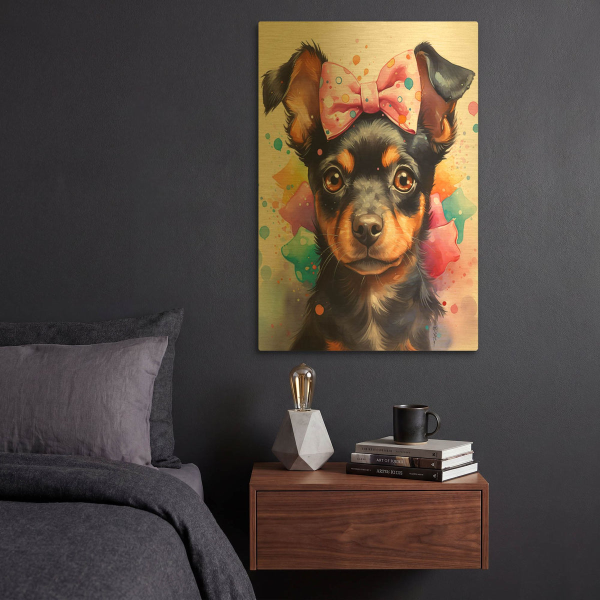 'Cute Dog With Pink Watercolor Bow' By Momart Gold Metal Wall Art