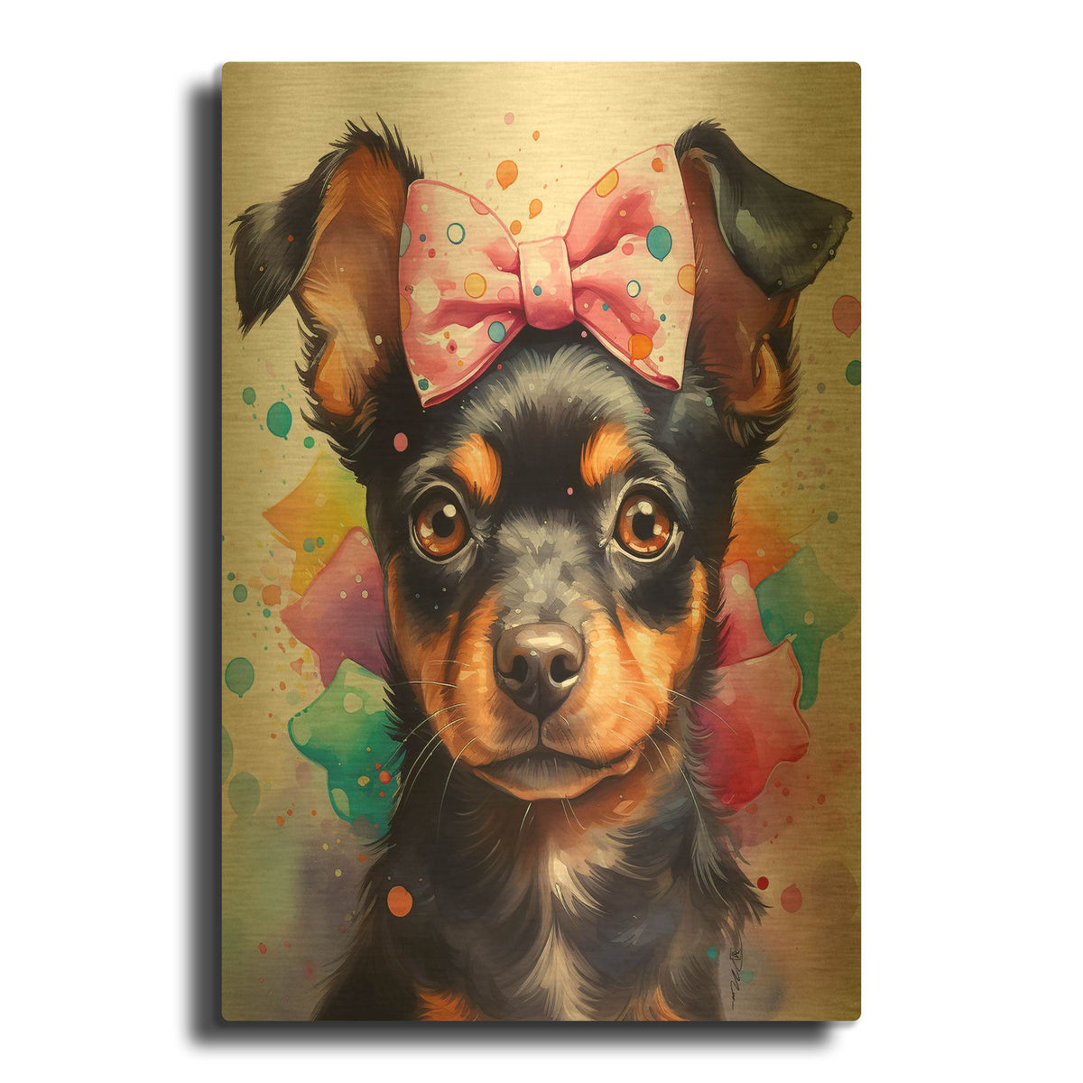 'Cute Dog With Pink Watercolor Bow' By Momart Gold Metal Wall Art