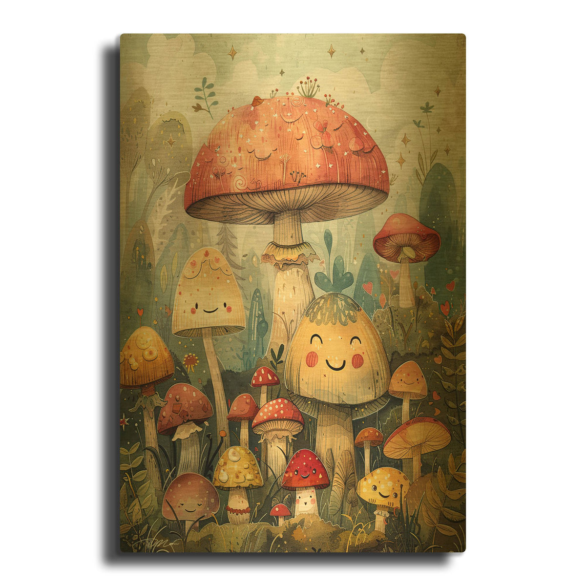 'Cute Mushrooms' By Momart Gold Metal Wall Art