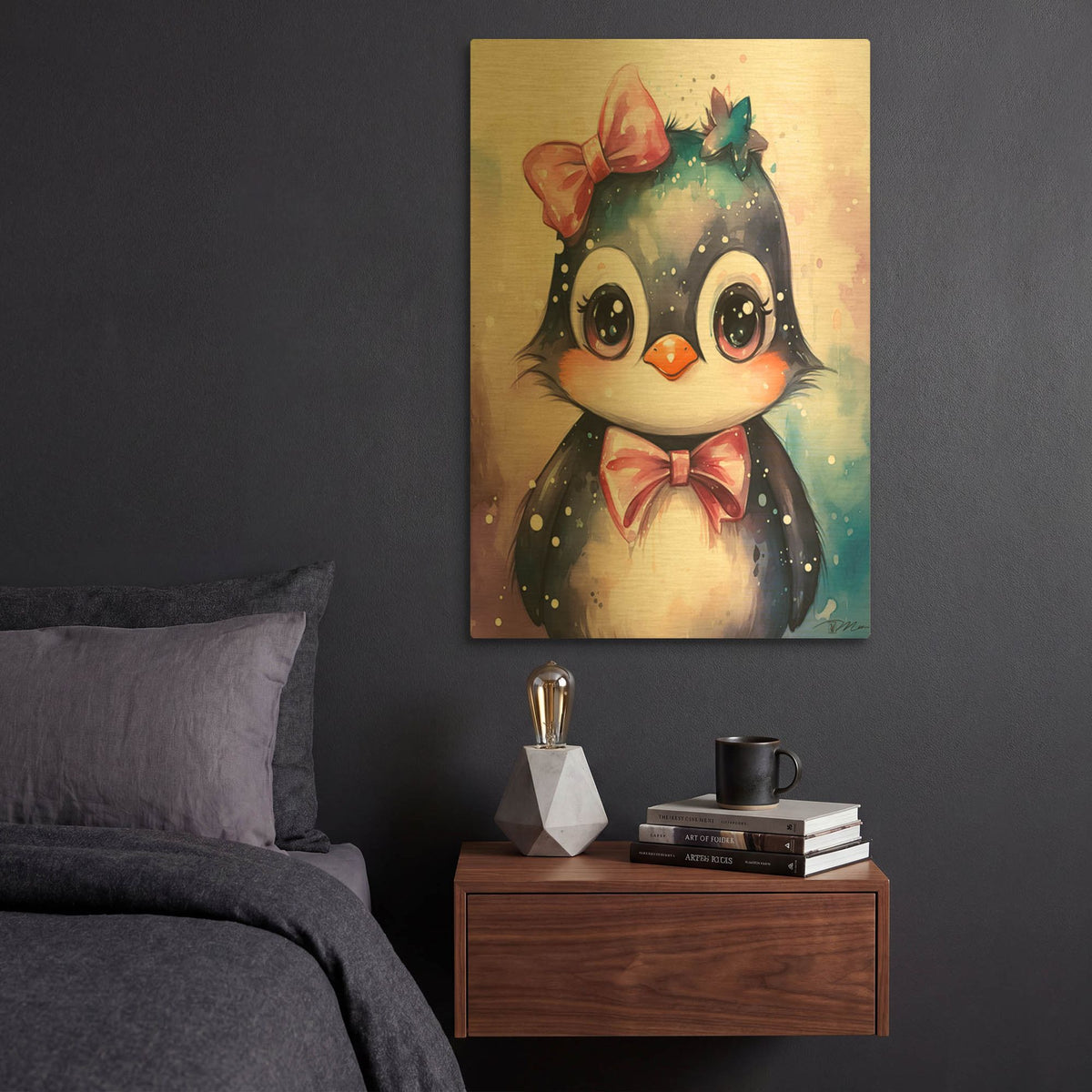 'Cute Penguin In Watercolor' By Momart Gold Metal Wall Art