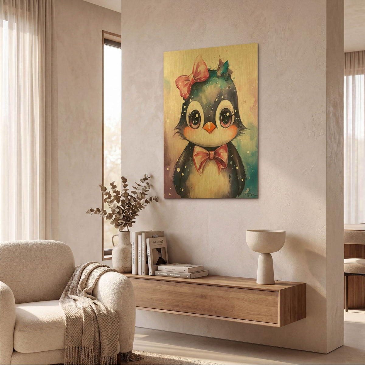 'Cute Penguin In Watercolor' By Momart Gold Metal Wall Art
