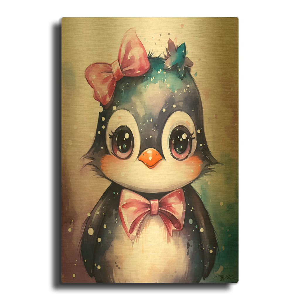 'Cute Penguin In Watercolor' By Momart Gold Metal Wall Art