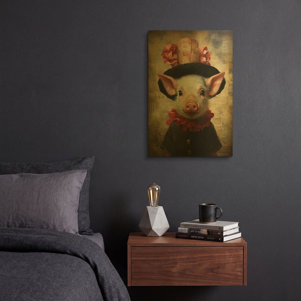 'Cute Pig With A Red Hat Baroque Style 2' By Momart Gold Metal Wall Art