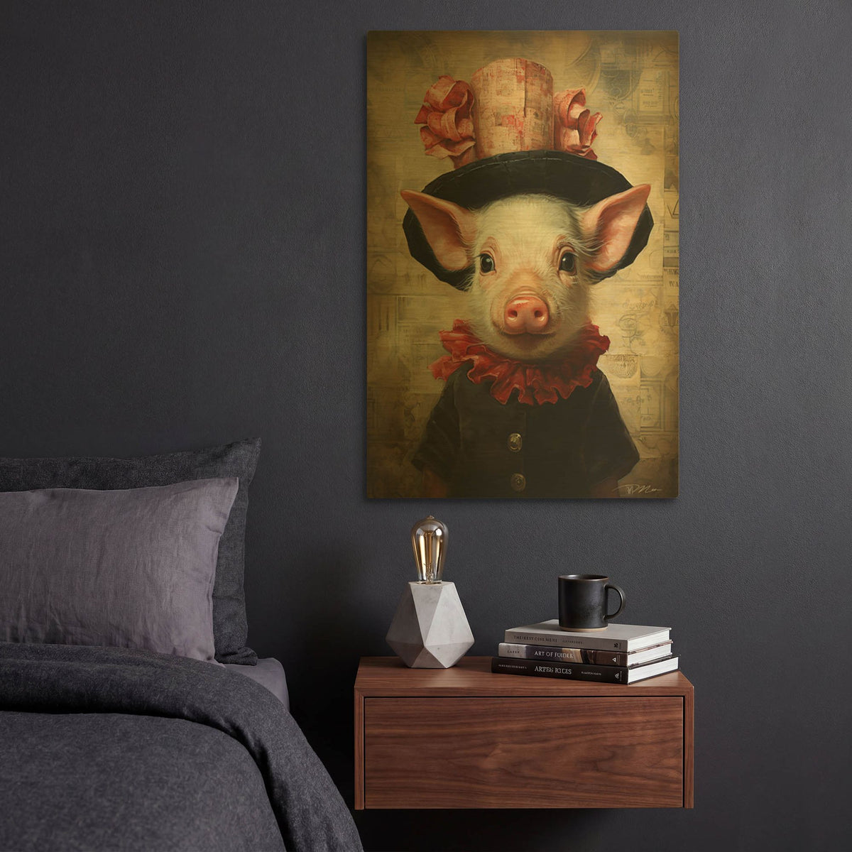 'Cute Pig With A Red Hat Baroque Style 2' By Momart Gold Metal Wall Art