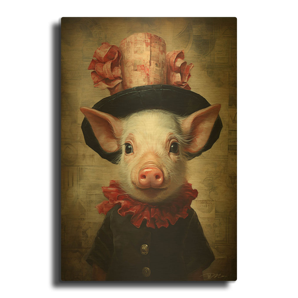 'Cute Pig With A Red Hat Baroque Style 2' By Momart Gold Metal Wall Art