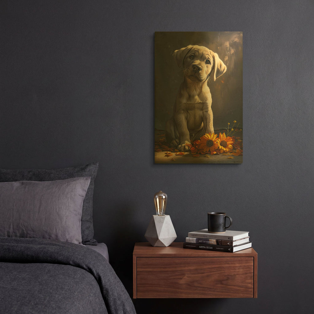 'Cute Puppy With Orange Flowers Dog Course' By Momart Gold Metal Wall Art