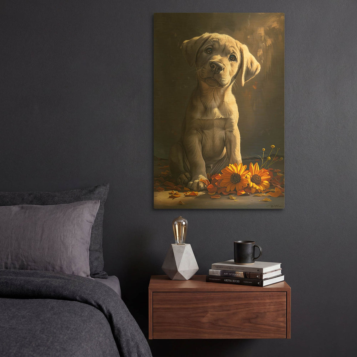 'Cute Puppy With Orange Flowers Dog Course' By Momart Gold Metal Wall Art