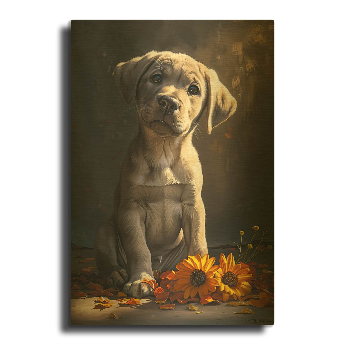 'Cute Puppy With Orange Flowers Dog Course' By Momart Gold Metal Wall Art