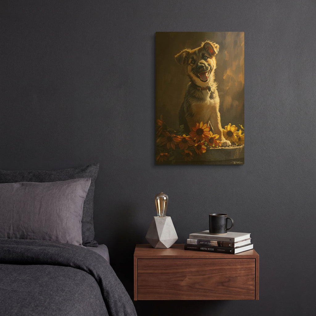 'Cute Puppy With Orange Flowers German Shepherd' By Momart Gold Metal Wall Art