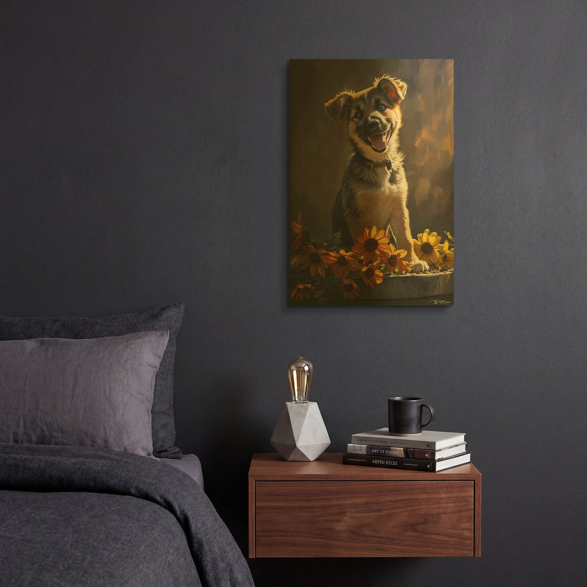 'Cute Puppy With Orange Flowers German Shepherd' By Momart Gold Metal Wall Art