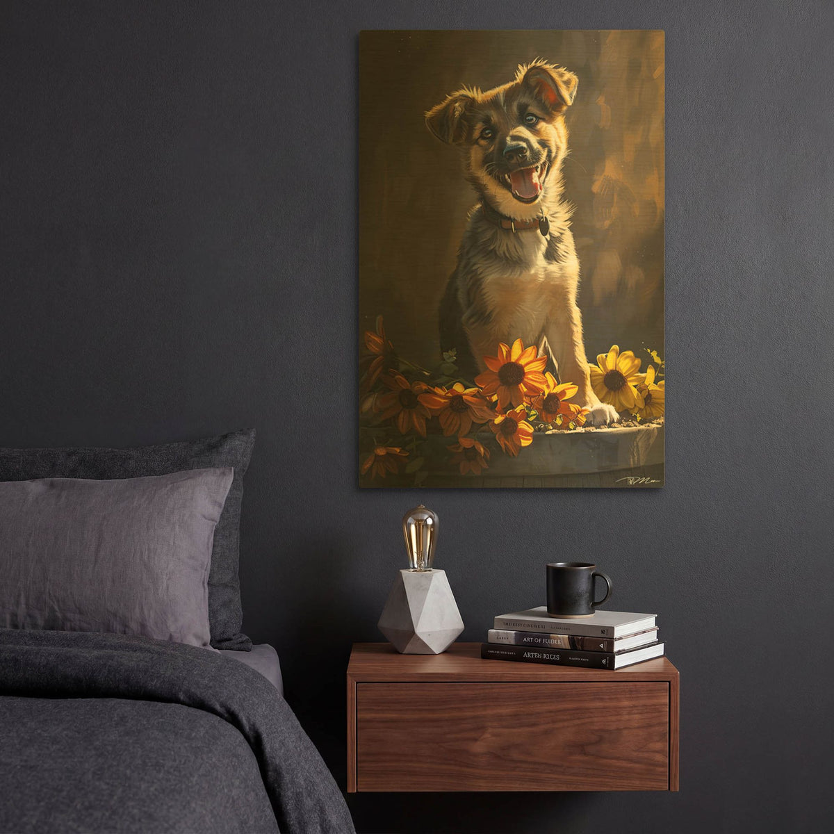 'Cute Puppy With Orange Flowers German Shepherd' By Momart Gold Metal Wall Art