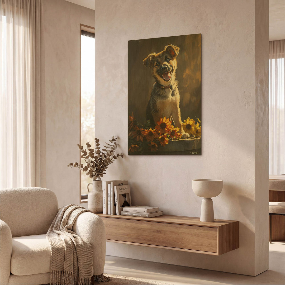 'Cute Puppy With Orange Flowers German Shepherd' By Momart Gold Metal Wall Art