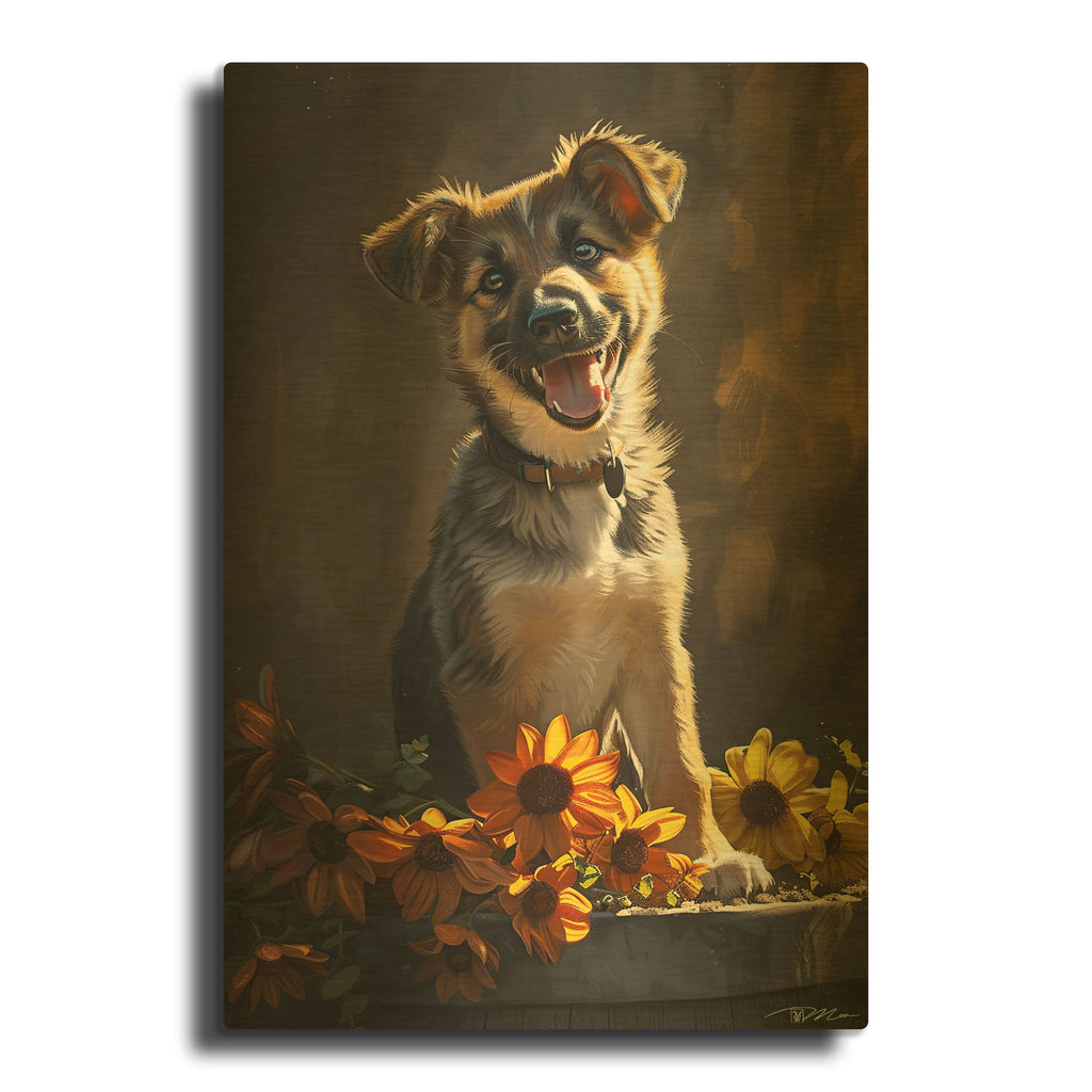 'Cute Puppy With Orange Flowers German Shepherd' By Momart Gold Metal Wall Art
