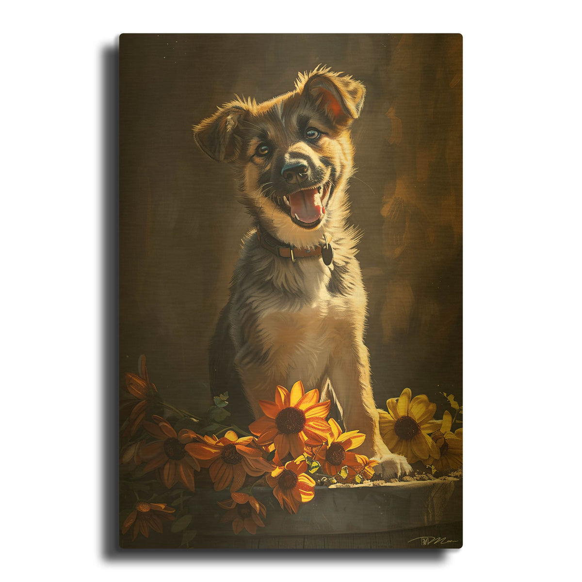 'Cute Puppy With Orange Flowers German Shepherd' By Momart Gold Metal Wall Art