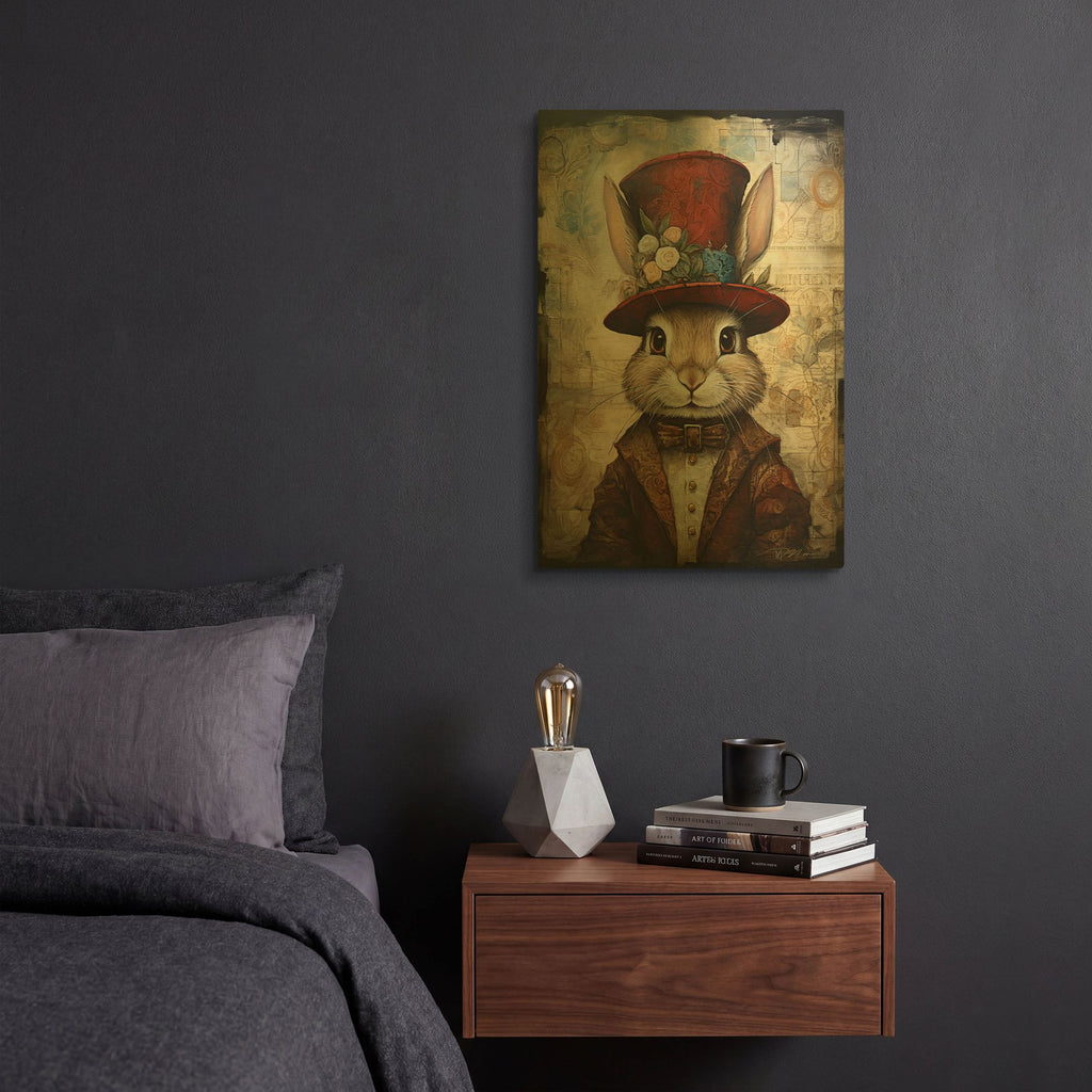 'Cute Rabbit With A Red Hat Baroque Style 2' By Momart Gold Metal Wall Art