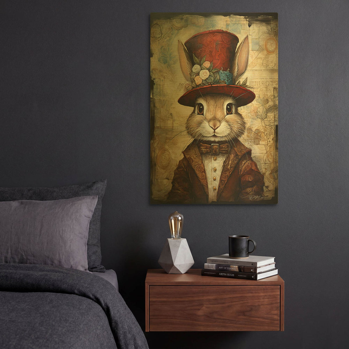 'Cute Rabbit With A Red Hat Baroque Style 2' By Momart Gold Metal Wall Art