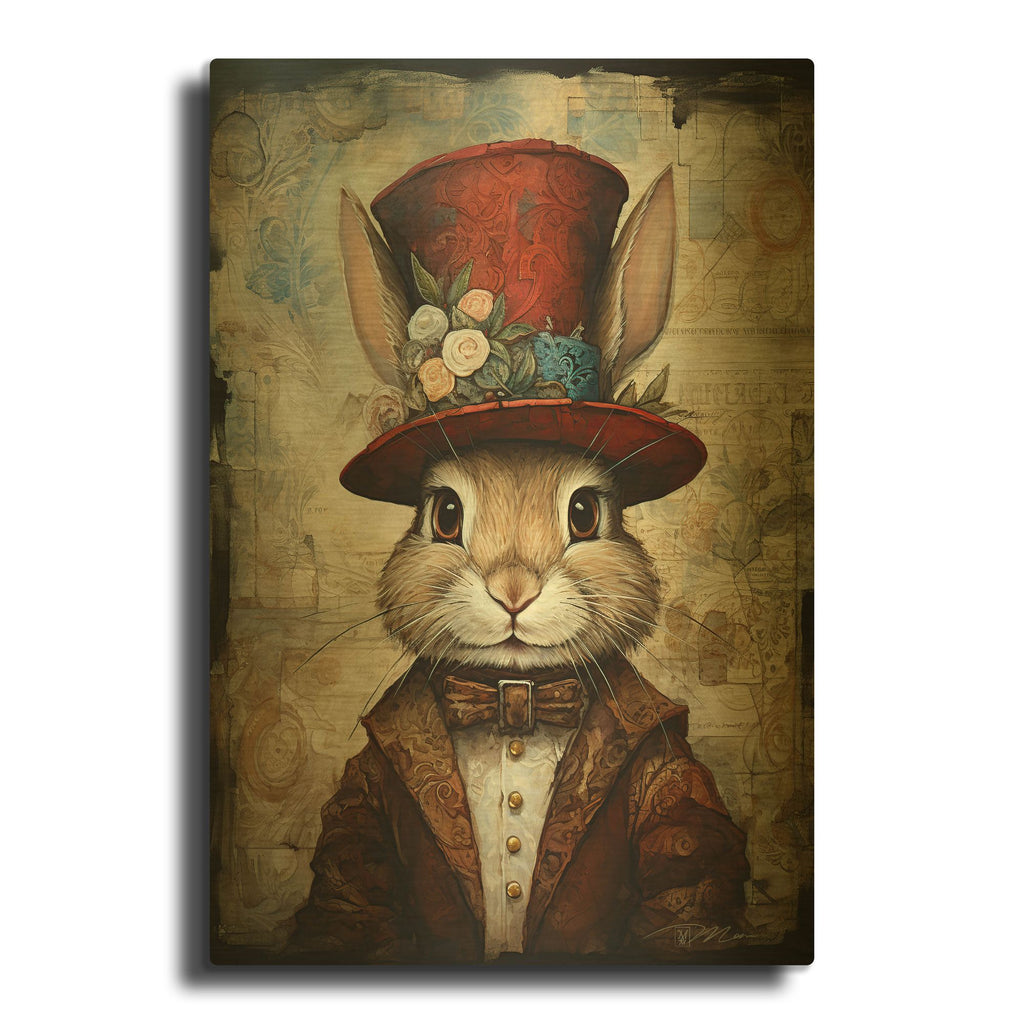 'Cute Rabbit With A Red Hat Baroque Style 2' By Momart Gold Metal Wall Art
