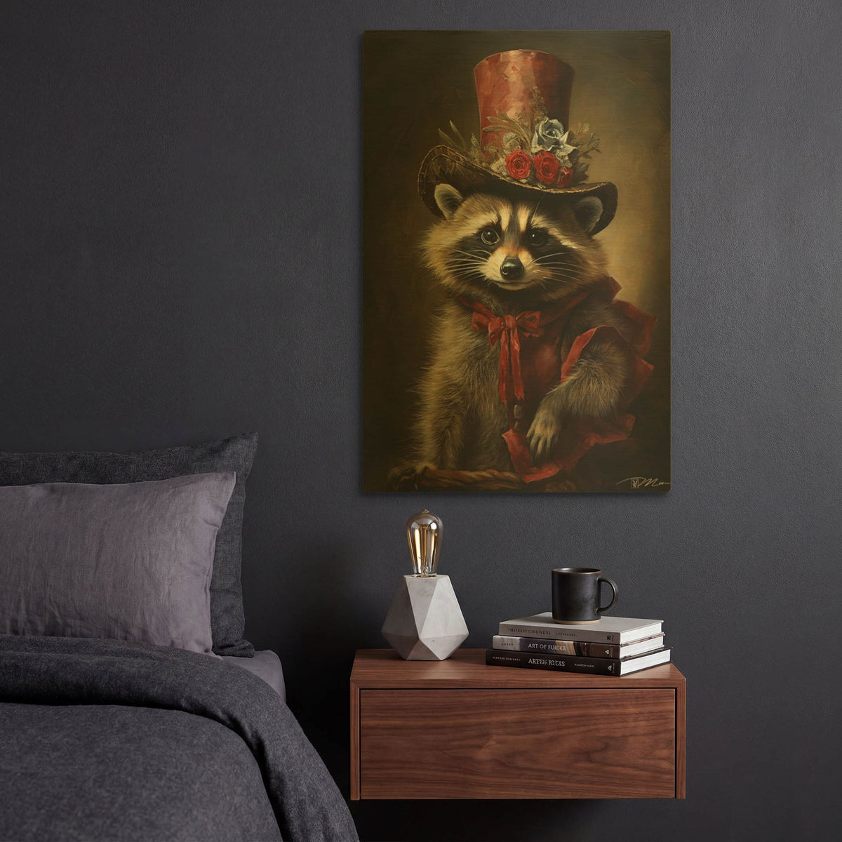 'Cute Raccoon With A Red Hat Baroque Style 1' By Momart Gold Metal Wall Art