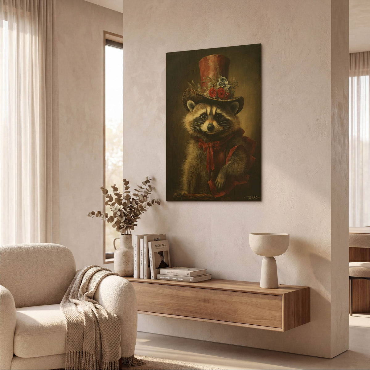 'Cute Raccoon With A Red Hat Baroque Style 1' By Momart Gold Metal Wall Art