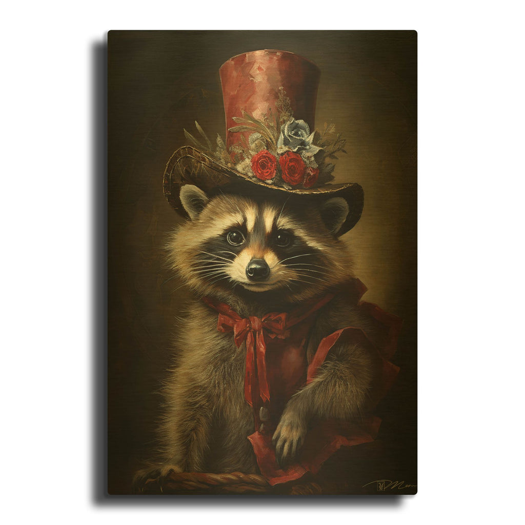 'Cute Raccoon With A Red Hat Baroque Style 1' By Momart Gold Metal Wall Art